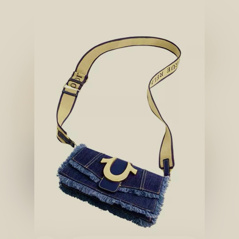 True Religion Convertible Fray Denim Crossbody Bag Insignia Strap Blue 5x10” NEW